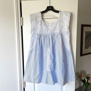 Mi Golondrina Flores Embroidered Blouse White Blue Stripe Size Medium EUC